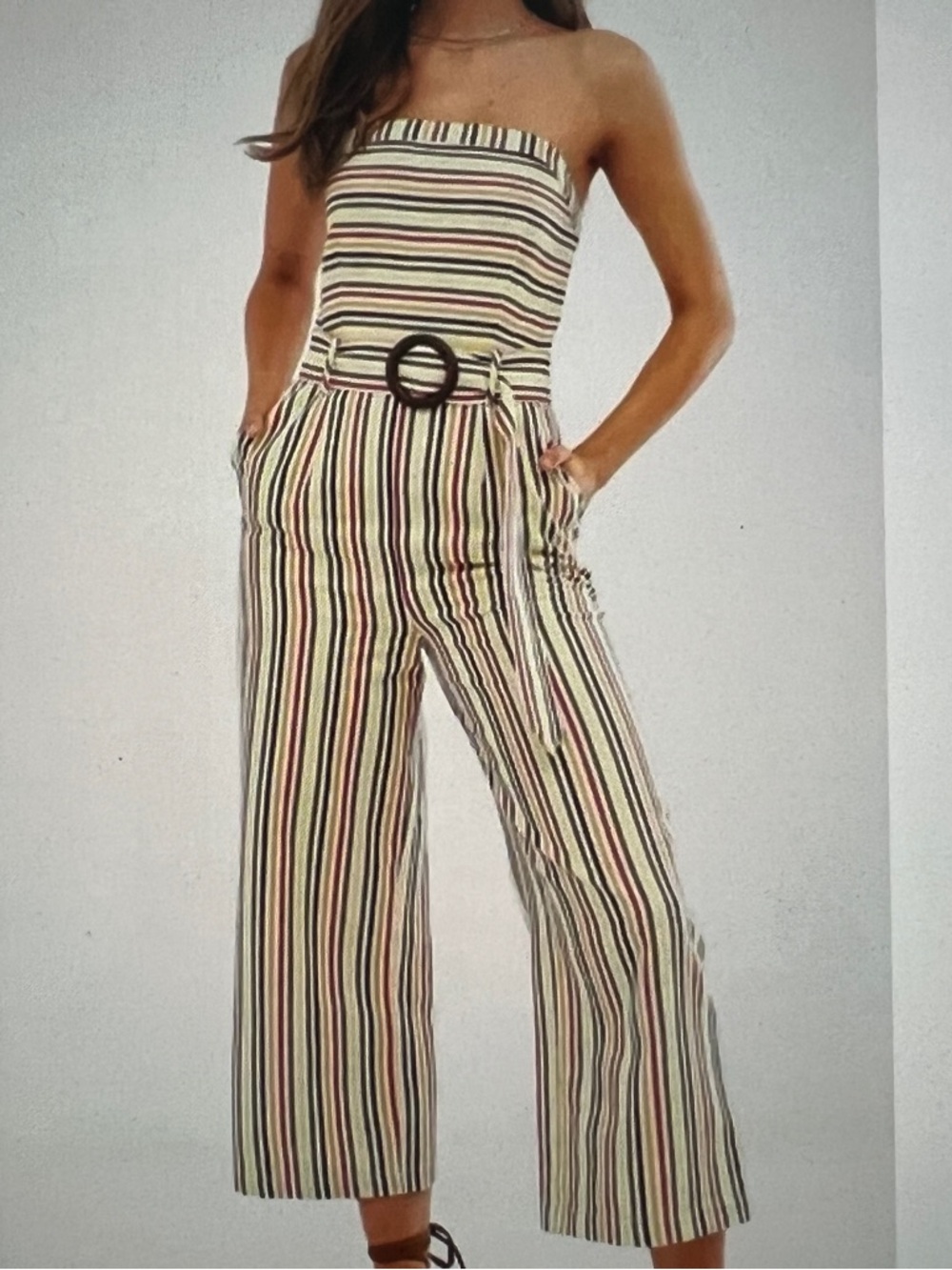 Moon River Anthropology Striped Jumpsuit Strapless 1 Piece Sz L Belted NEW Boho